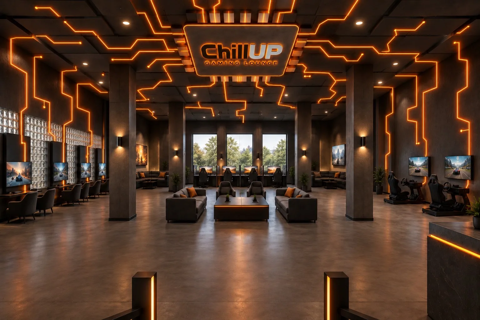 Chill UP interior: sofas in the centre, console stations on the left and racing simulators on the right, under an orange neon circuit ceiling