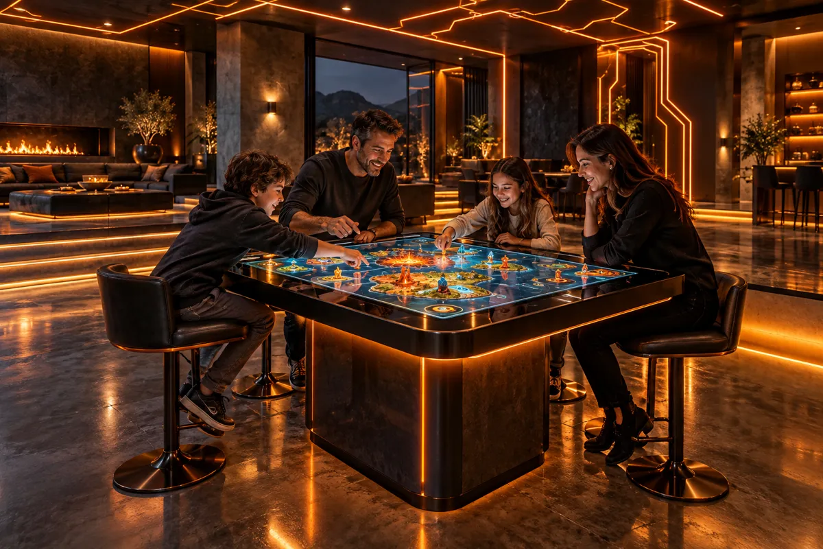 A family playing around a glowing interactive game table