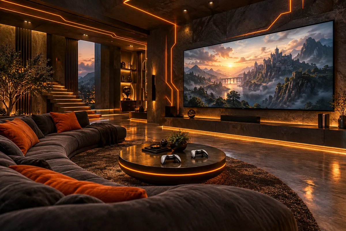 Private PS5 lounge with a curved sofa, orange cushions, a glowing coffee table with two controllers and a large wall screen