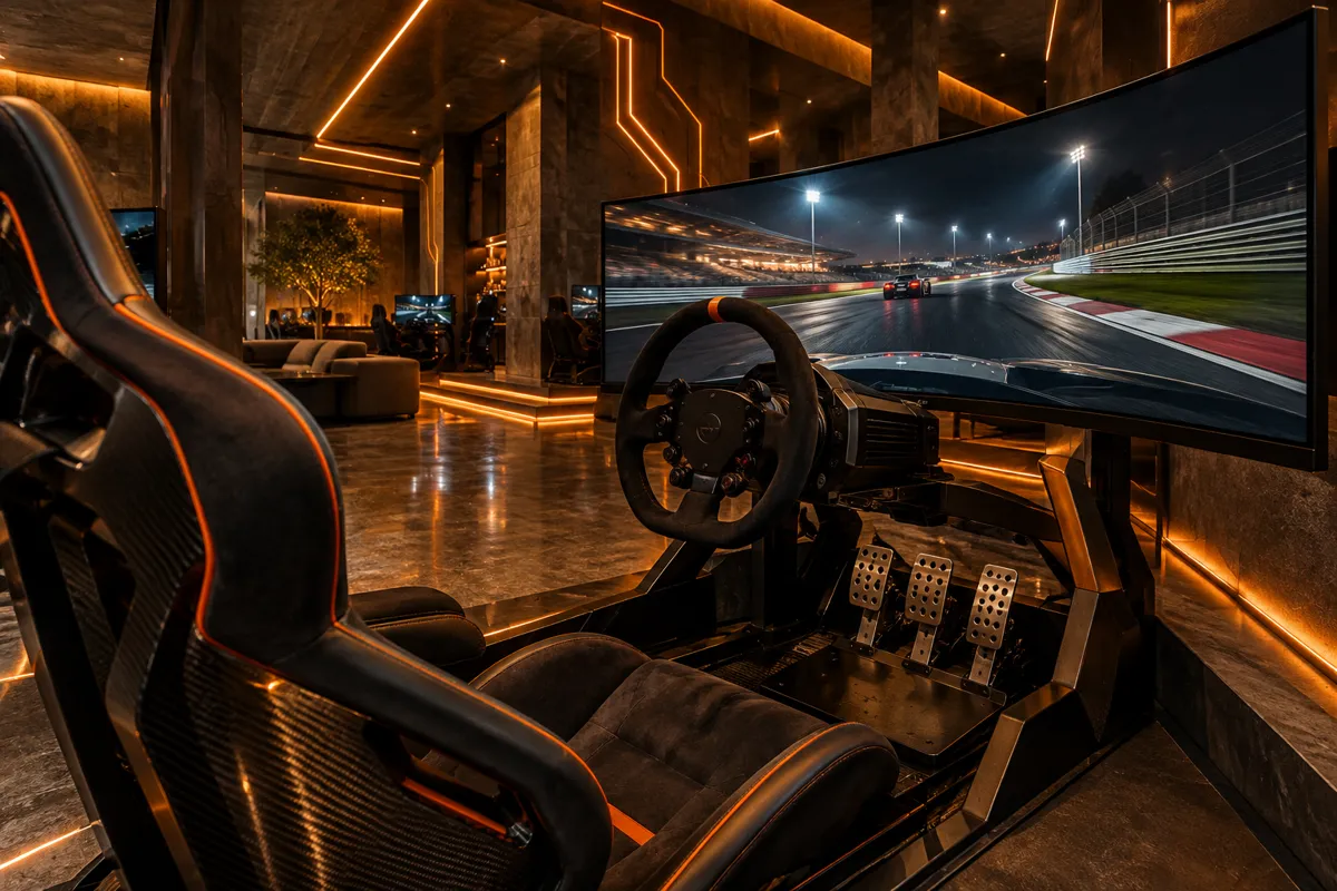 Racing simulator cockpit with bucket seat, steering wheel and pedals facing a curved screen showing a night race